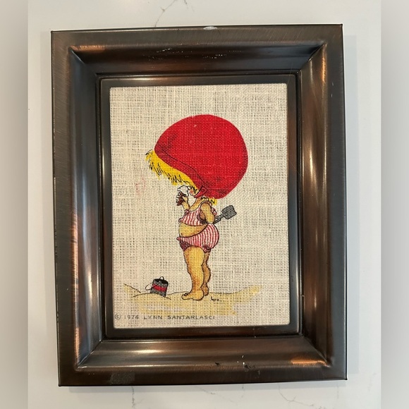 Vintage 1974 Artwork framed picture Lynn  Santarlasci child beach ice cream - Picture 1 of 4